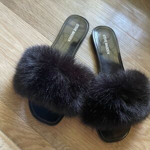 Steve Madden Black Faux Fur Slide Mules